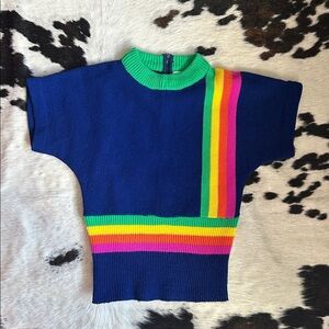 Vintage Colorful Blue Green Yellow Pink Striped Knit Sweater Top
